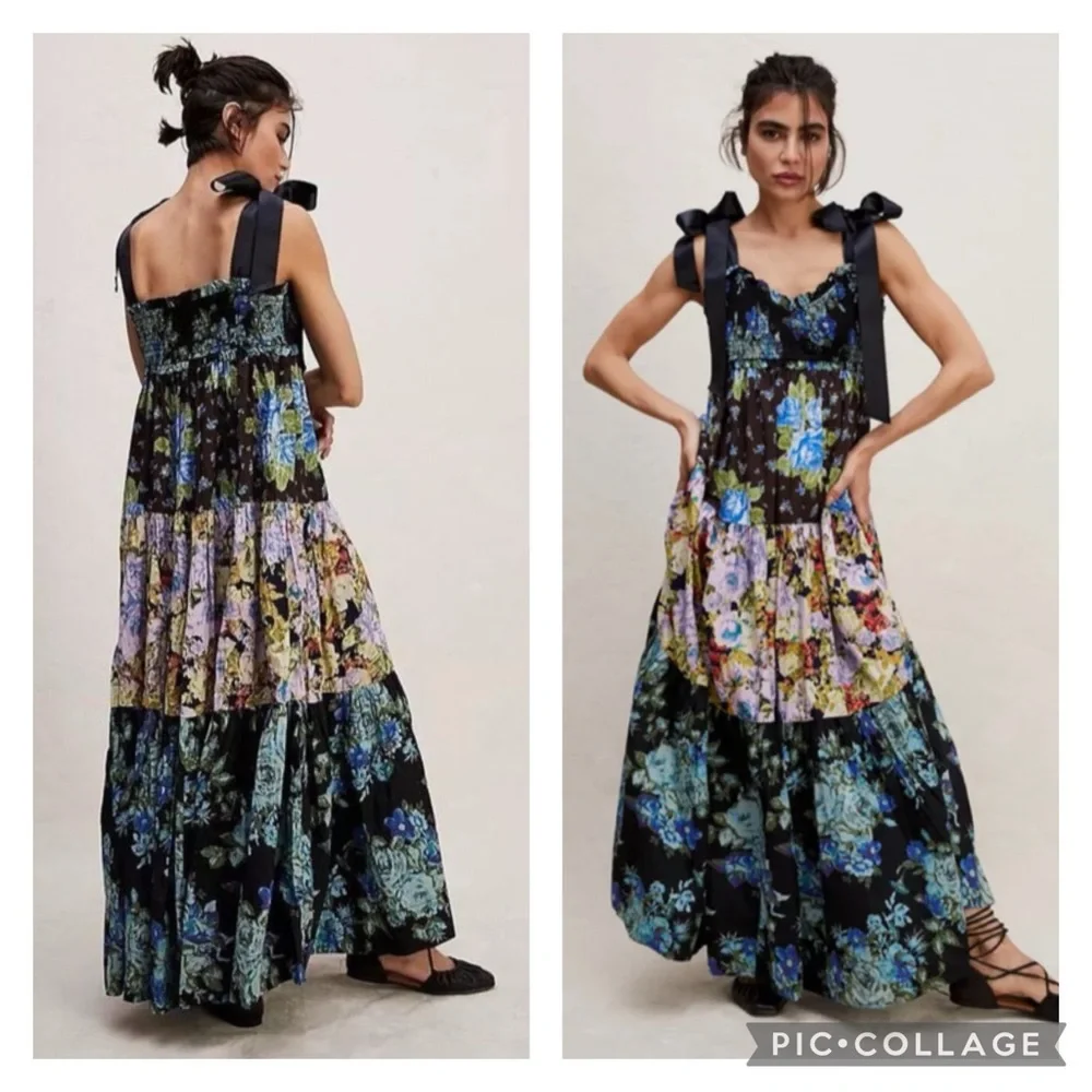 Free People Bluebell Boho Maxi Dress Ribbon Straps Floral Cool Combo - Picture 1 of 16